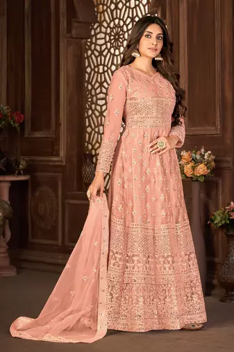 Striking Peach Net Semi-Stitched Festive Salwar Suits