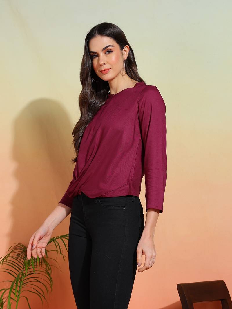 Yash gallery women's rayon  solid  waist lengtth draped style round neck  3/4th sleeve  top (purple)