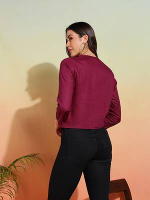  women's rayon solid waist lengtth draped style round neck 3/4th sleeve top (purple) 3