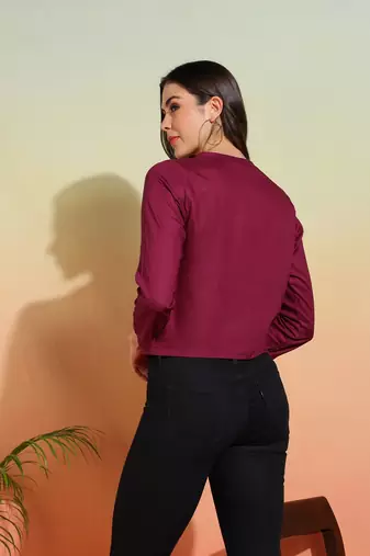 women's rayon solid waist lengtth draped style round neck 3/4th sleeve top (purple)