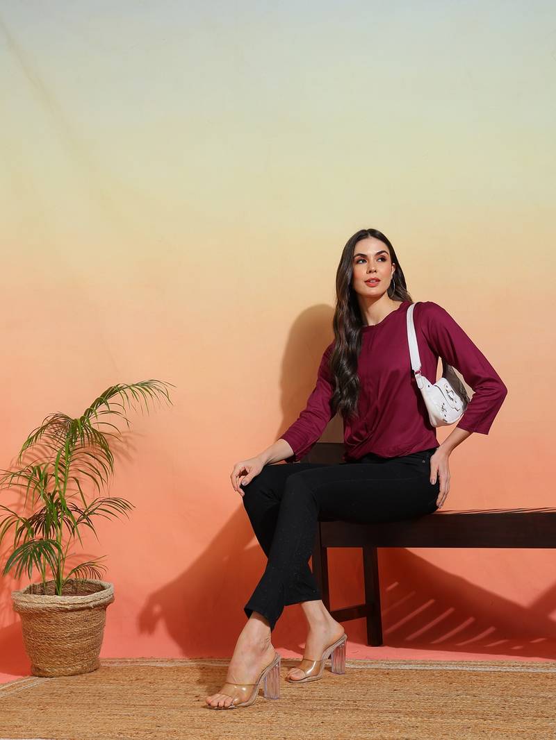 Yash gallery women's rayon  solid  waist lengtth draped style round neck  3/4th sleeve  top (purple)