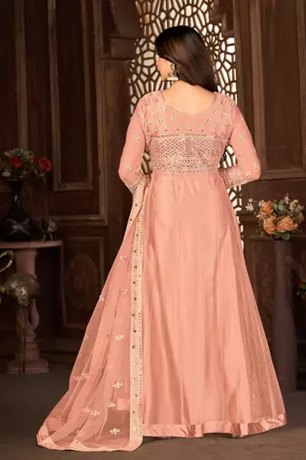 Striking Peach Net Semi-Stitched Festive Salwar Suits