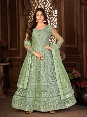 Winsome Green Net Semi-Stitched Party Wear Salwar Kameez 1
