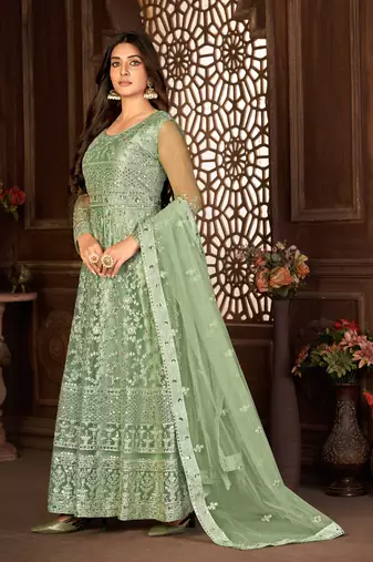 Winsome Green Net Semi-Stitched Party Wear Salwar Kameez
