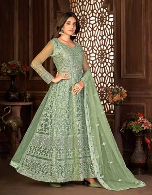 Winsome Green Net Semi-Stitched Party Wear Salwar Kameez 4
