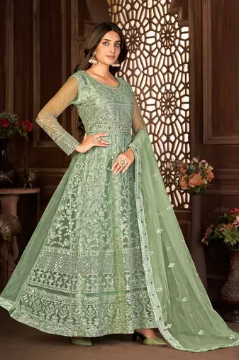 Winsome Green Net Semi-Stitched Party Wear Salwar Kameez