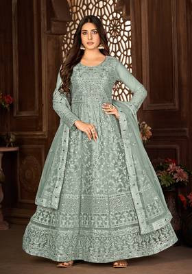 Beguiling Grey Net Semi-Stitched Ethnic Suits 1