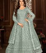 Beguiling Grey Net Semi-Stitched Ethnic Suits