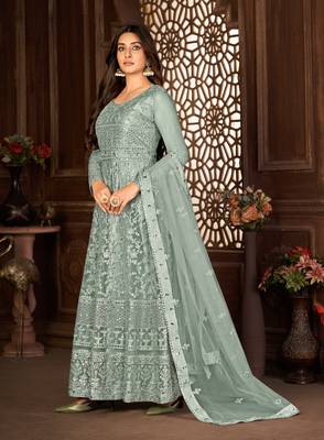 Beguiling Grey Net Semi-Stitched Ethnic Suits 4