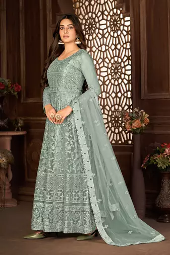 Beguiling Grey Net Semi-Stitched Ethnic Suits