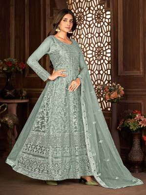 Beguiling Grey Net Semi-Stitched Ethnic Suits 5