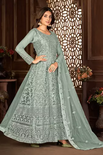 Beguiling Grey Net Semi-Stitched Ethnic Suits