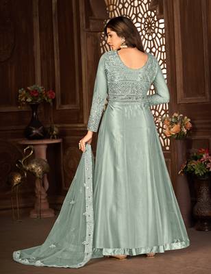 Beguiling Grey Net Semi-Stitched Ethnic Suits 6
