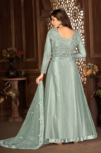 Beguiling Grey Net Semi-Stitched Ethnic Suits