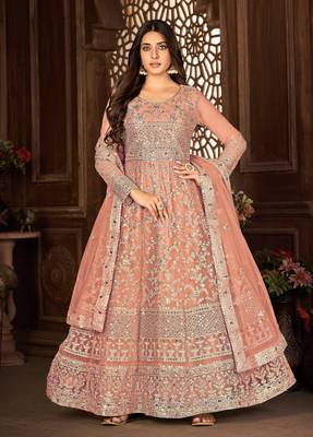 Peach Net Semi-Stitched Wedding Salwar Kameez 1