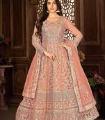 Peach Net Semi-Stitched Wedding Salwar Kameez