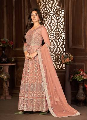 Peach Net Semi-Stitched Wedding Salwar Kameez 3