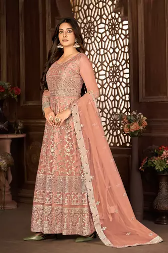 Peach Net Semi-Stitched Wedding Salwar Kameez