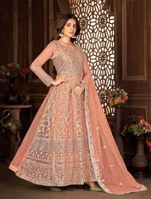 Peach Net Semi-Stitched Wedding Salwar Kameez 4