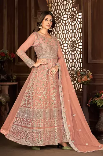 Peach Net Semi-Stitched Wedding Salwar Kameez