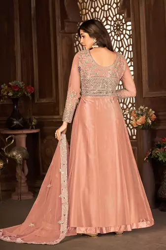 Peach Net Semi-Stitched Wedding Salwar Kameez