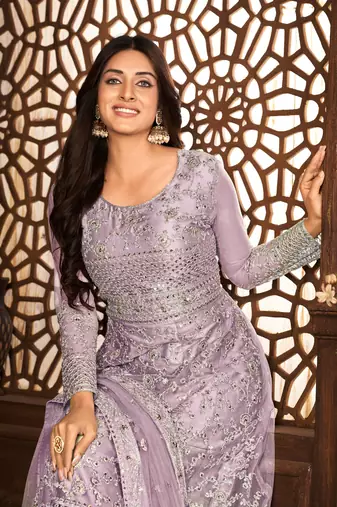 Desirable Purple Net Semi-Stitched Festive Salwar Suits