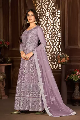 Desirable Purple Net Semi-Stitched Festive Salwar Suits