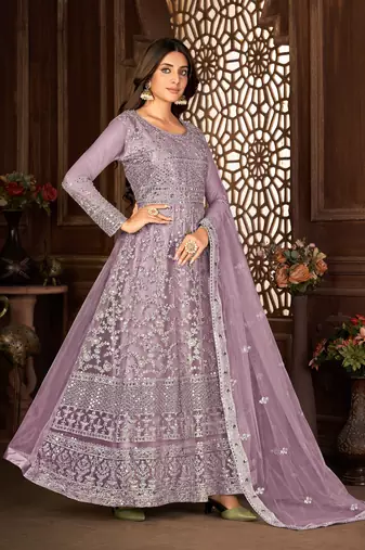 Desirable Purple Net Semi-Stitched Festive Salwar Suits