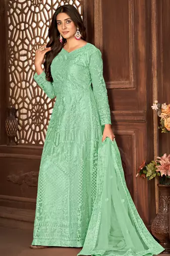Green Net Semi-Stitched Party Wear Salwar Kameez