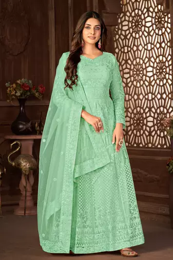 Green Net Semi-Stitched Party Wear Salwar Kameez