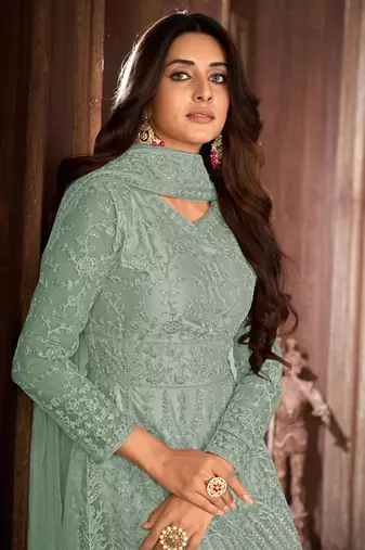 Grey Net Semi-Stitched Ethnic Suits
