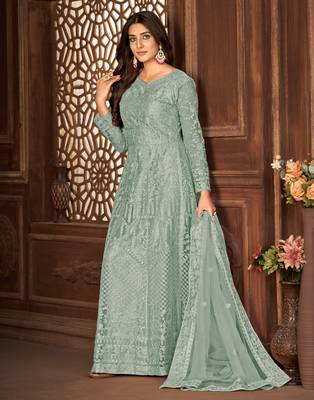 Grey Net Semi-Stitched Ethnic Suits 3