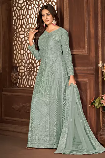 Grey Net Semi-Stitched Ethnic Suits