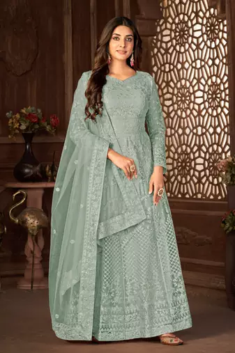 Grey Net Semi-Stitched Ethnic Suits