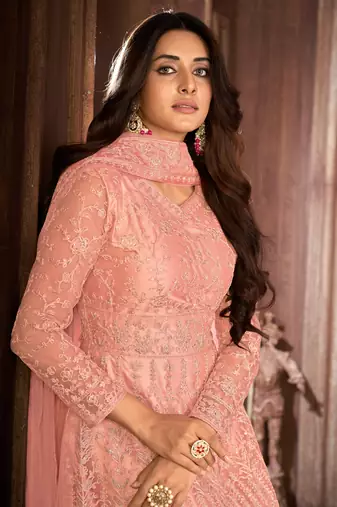 Taking Peach Net Semi-Stitched Wedding Salwar Kameez