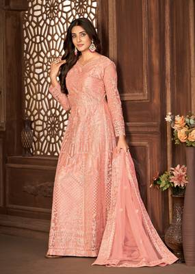 Taking Peach Net Semi-Stitched Wedding Salwar Kameez 4