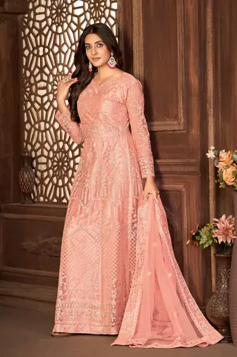 Taking Peach Net Semi-Stitched Wedding Salwar Kameez