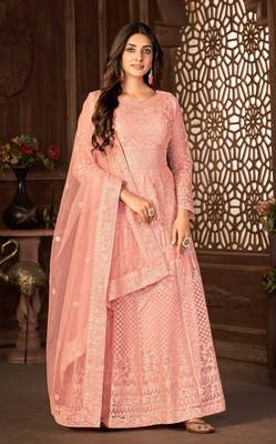 Taking Peach Net Semi-Stitched Wedding Salwar Kameez 5
