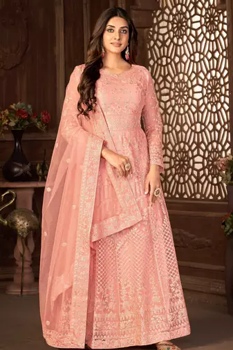 Taking Peach Net Semi-Stitched Wedding Salwar Kameez