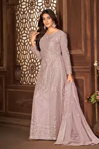 Heavenly Purple Net Semi-Stitched Festive Salwar Suits