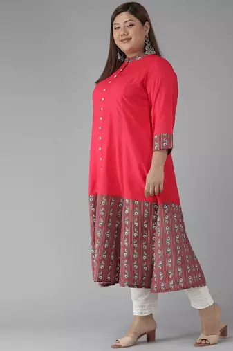  women's plus size rayon floral border printed anarkali kurti (pink)