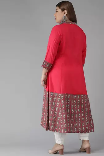  women's plus size rayon floral border printed anarkali kurti (pink)