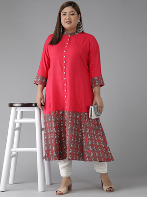  women's plus size rayon floral border printed anarkali kurti (pink) 4
