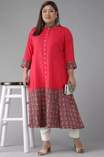  women's plus size rayon floral border printed anarkali kurti (pink)