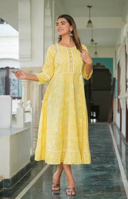 women's cotton floral printed embroidered anarkali kurta (yellow) 4