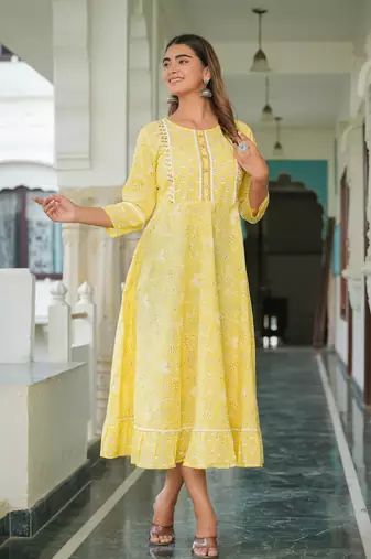  women's cotton floral printed embroidered anarkali kurta (yellow)