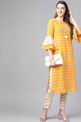  women's cotton floral printed straight kurta with pant (mustard)