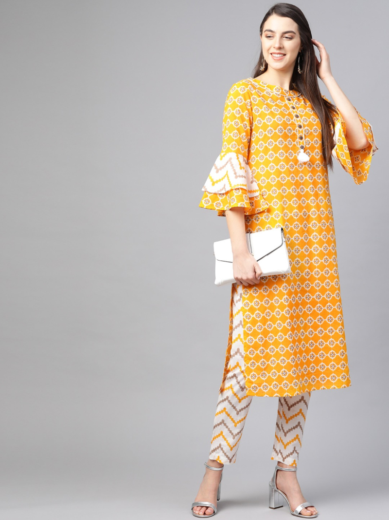 Yash gallery women's cotton floral printed straight kurta with pant (mustard)