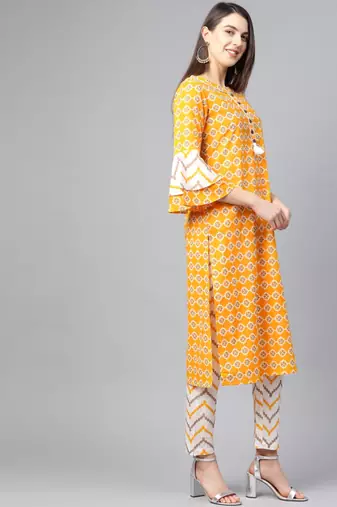  women's cotton floral printed straight kurta with pant (mustard)