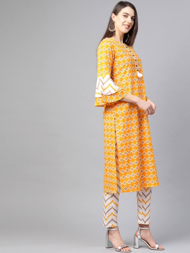 Yash gallery women's cotton floral printed straight kurta with pant (mustard)